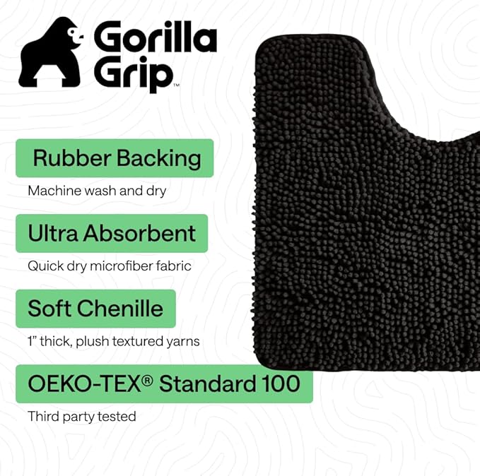 GORILLA GRIP Plush Absorbent Shaggy Chenille Bath Rug Mat for Oval Toilet Base with Rubber Backing, Machine Washable Rugs, Soft Microfiber Contour Mats for Toilets, Bathroom Decor, Black