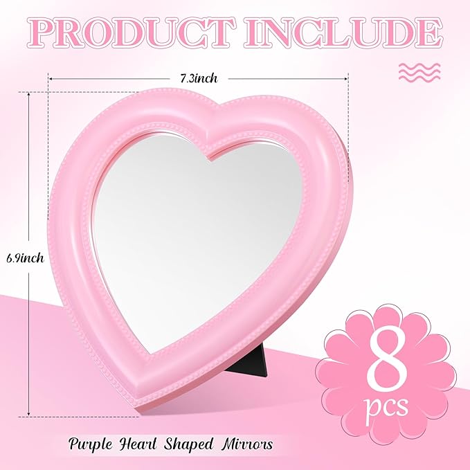 GlikCeil 8 Pcs Spa Party Supplies 8 Heart Mirror Pink Makeup Mirror for Women Sleepover Party Spa Slumber Birthday Favor