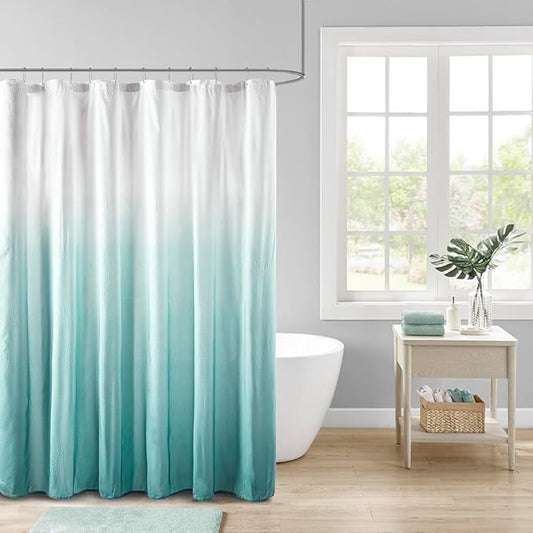 Madison Park Ara Shower Curtain, Seersucker Design Ombre Print, Modern Bathroom Decor, Machine Washable, Fabric Privacy Screen, 72x72, Aqua