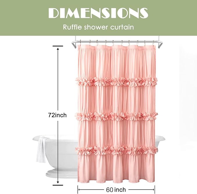 Victorian Peach Ruffle Shower Curtain 60"W x 72"L, Ruched Microfiber Vintage Handcrafted Bow Tie, Stall Size Bath Curtain with 10 Buttonholes, Machine Washable and Dry Quickly (LQ-10)