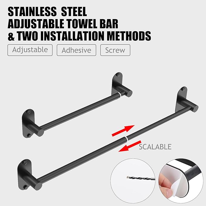 Towel Bar, Adjustable 14.4inch - 25.2inch Towel Rack, Self Adhesive Wall Mounted for Bathroom Kitchen Hand Towel Holder Cloths Hanger 304 Stainless Steel Organizer Single Bar (2, Matte Black)