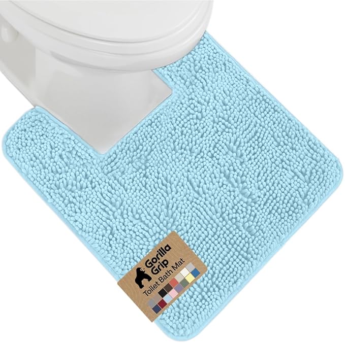 GORILLA GRIP Plush Absorbent Shaggy Chenille Bath Rug Mat for Square Toilet Base with Rubber Backing, Machine Washable Rugs, Soft Microfiber Contour Mats for Toilets, Bathroom Decor, Sky