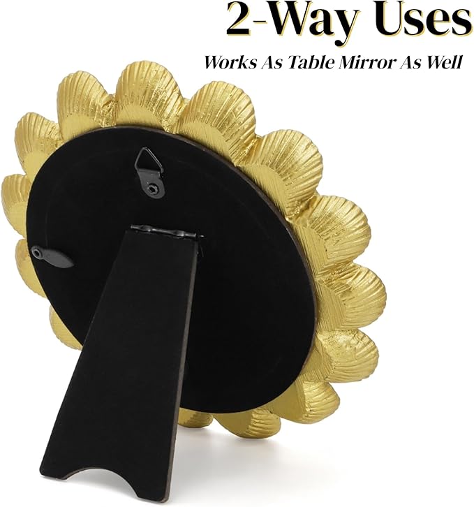 Eorbow 6.5" Vintage Vanity Makeup Desk Mirror, Small Gold Round Mirror for Table, Antique Scallop Edged Wall Mirror Decorative for Living Room Bedroom Dressing Tabletop
