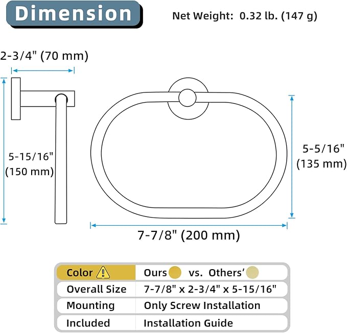 Angle Simple Towel Ring Brushed Dark Gold, SUS 304 Stainless Steel Swivel Hand Towel Holder for Bathroom Wall Mount