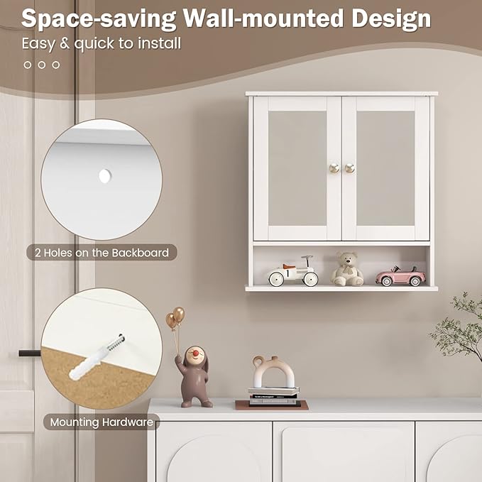 COSTWAY Bathroom Cabinet Wall Mount, Wooden Medicine Cabinet with 2 Mirror Doors, Adjustable Shelf, Open Compartment, for Laundry, Living Room, Kitchen, White