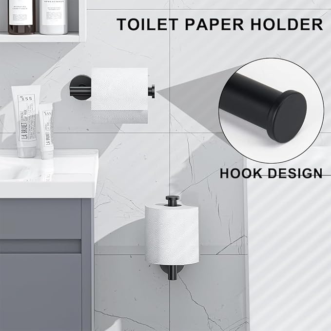 MGahyi 5 Pieces Bathroom Accessories Set, Stainless Bathroom Hardware Set, Extendable Towel Racks for Bathroom(12.8-24.8inch), Robe Towel Hooks Toilet Paper Holder Towel Ring (Black)