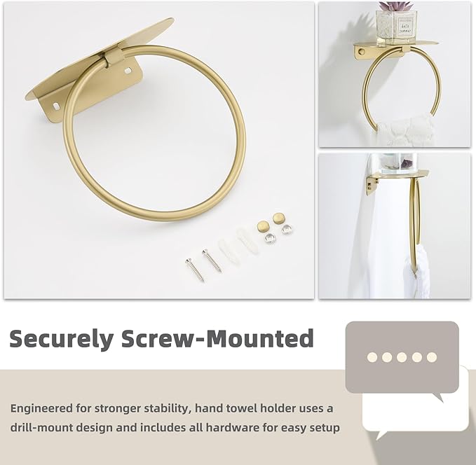 APLusee Brushed Gold Towel Ring with Shelf, 304 Stainless Steel Wall Mounted Hand Towel Holder for Bathroom, Space-Saving Design