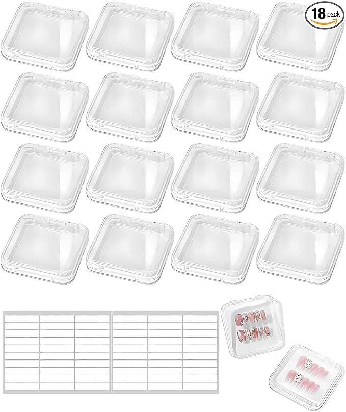 18PCS Press on Nail Cases, Artificial False Nail Storage Box Container with 60 PCS Adhesive Double