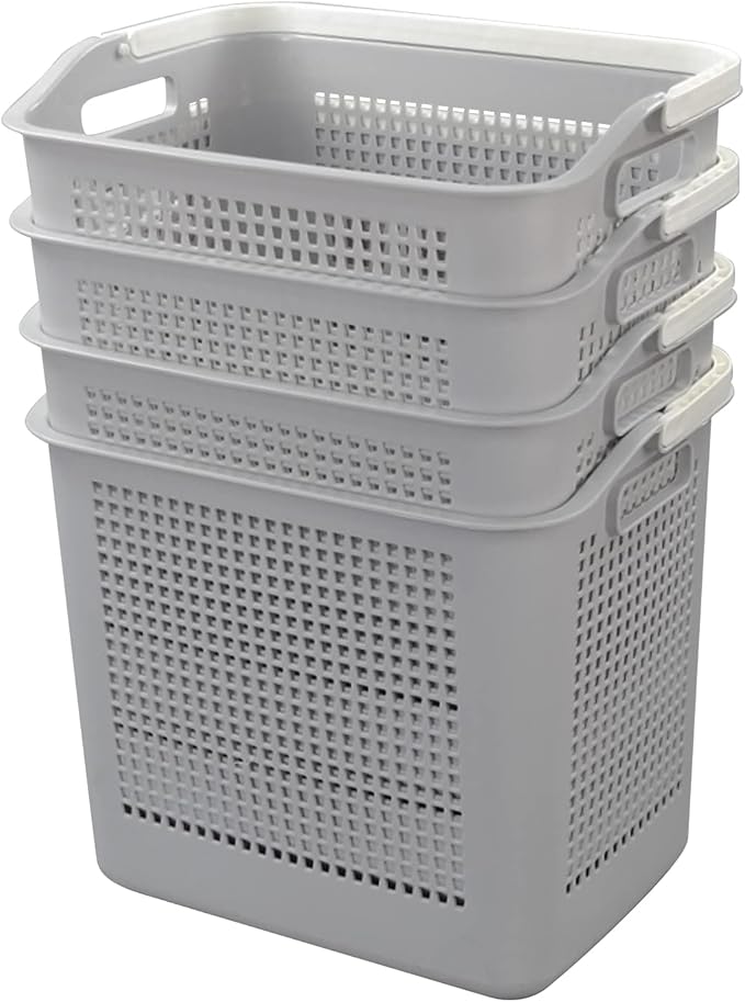 Morcte 4-Pack 35 L Plastic Laundry Hamper with Handles, Dirty Clothes Storage Basket, Gray