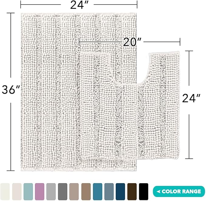 Turquoize Chenille Bathroom Rugs Set Non-Slip Bath Mats for Bathroom Super Absorbent Shaggy Rugs for Tub Shower Toilet Plush Bath Rug Plus U Contour Rug (Oversized: 24" x 36" and 20" x 24" U), Ivory