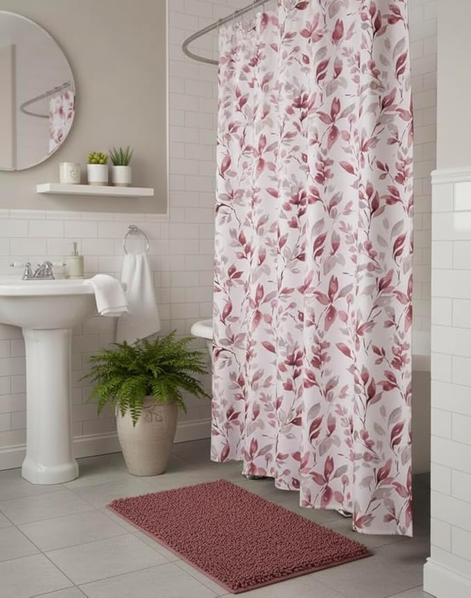 Serafina Home Hotel Quality Fabric Bathroom Shower Curtain: Floral Leaf Damask - Pink, Gray and White (72 x 70 inches)