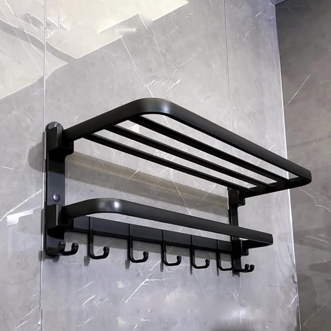 (1 Pack) Yariwiz Matte Black Towel Rack Wall Mounted No Drill and Screw Mounting, Bathroom Bath Shower Length 24 inch Double Towel Rod with Shelf Hotel Towel Rack B0503-MB