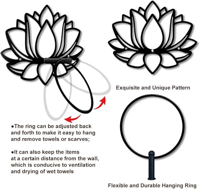 MAYJOYDIY Lotus Flower Metal Towel Ring Holy Lotus Towel Holder Plant Wall Decor Towel Hanger Black Art Towel Rack Wall Mounted for Bathroom Kitchen Home Decors Gift
