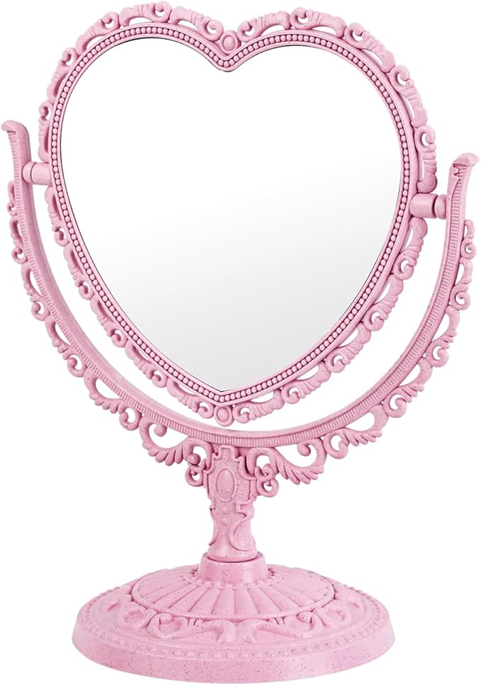 Heart Shaped Cute Vanity Princess Mirror for Desk,Double-Sided Rotatable Table with Stand Downtown Girl Room Coquette Decor (Pink)
