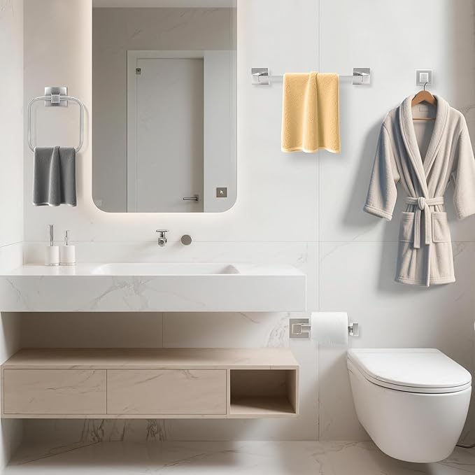 Brushed Nickel Bathroom Hardware Set 4 Piece, Towel Rack Set for Bathroom, Towel Bar Toilet Paper Holder Set SUS304 Stainless Steel -18In Towel Bar, Paper Toilet Holder, Square Towel Ring, Towel Hook