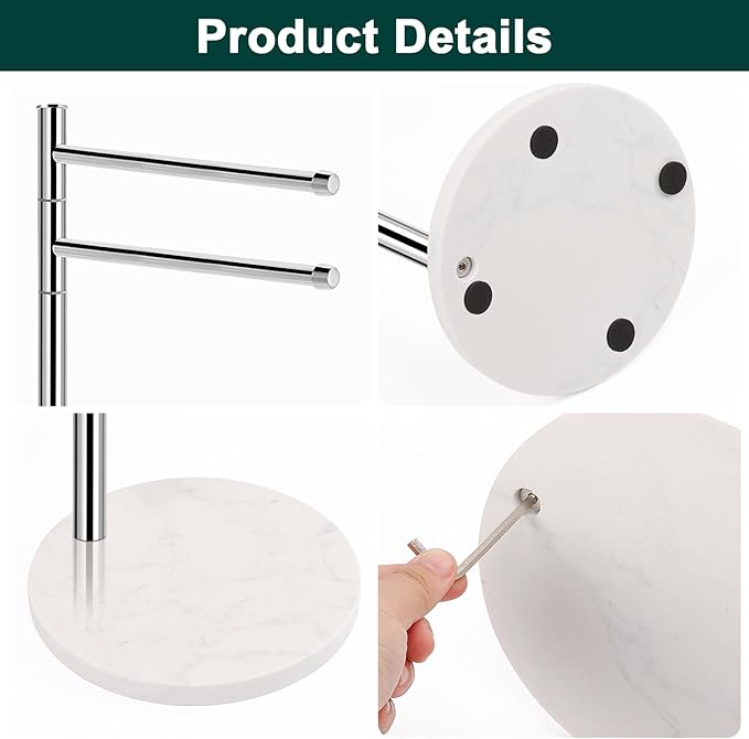 Hand Towel Holder, F-Shape Hand Towel Stand with Marble Base, Stainless Steel Swivel Hand Towel Rack Bar Standing for Bathroom Kitchen Countertop, 2 Arms (Chrome Finish)