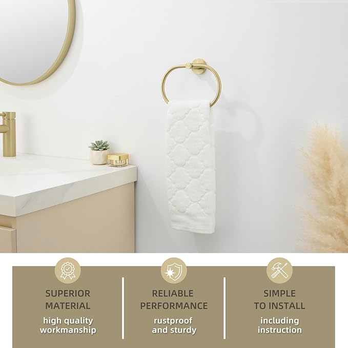 Angle Simple Towel Ring for Bathroom, SUS304 Stainless Steel Swivel Oval Hand Towel Ring Rack for Wall, Brushed Gold