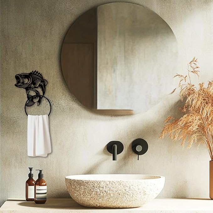 MAYJOYDIY Fish Metal Towel Ring Fishing Theme Towel Holder Animal Bath Towel Ring for Wall Black Art Towel Rack Wall Mounted for Bathroom Kitchen Towel Hanger Home Decors Gift
