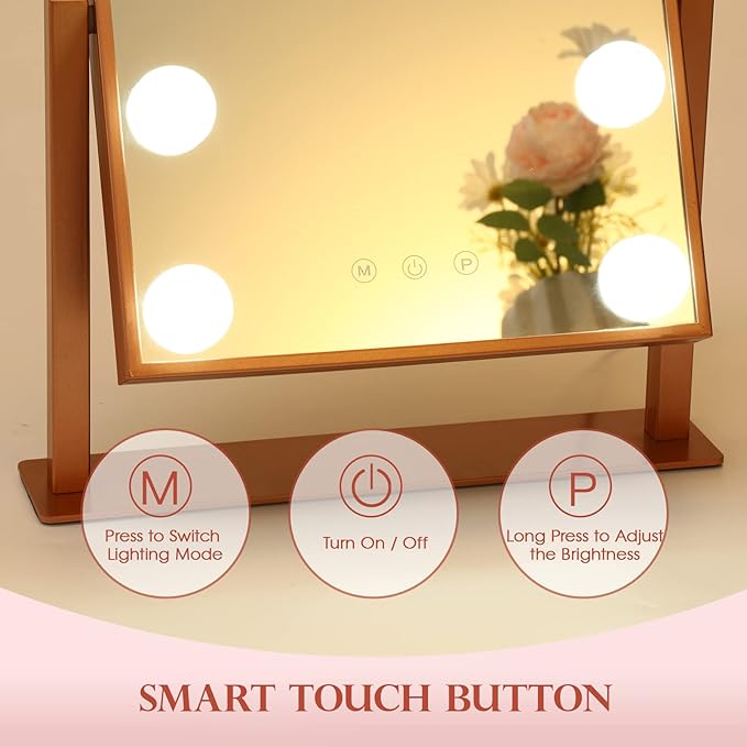 BWLLNI Makeup Mirror with Lights, Hollywood Mirror Lighted Vanity Mirror with 9 LED Bulbs, Touch Control Design 3 Colors Dimmable Bulbs Detachable 10X Magnification 360°Rotation(Rose Pink)