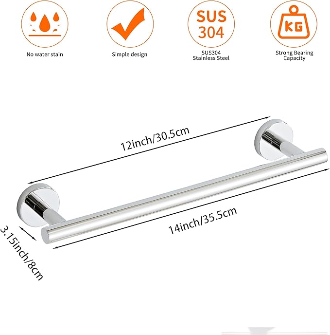 Bathroom Towel Bar, 12-Inch Towel Rack for Bathroom Wall Mounted, Chrome Thicken SUS304 Stainless Steel Towel Rod Modern Home Decor (Total Length 14-Inch)