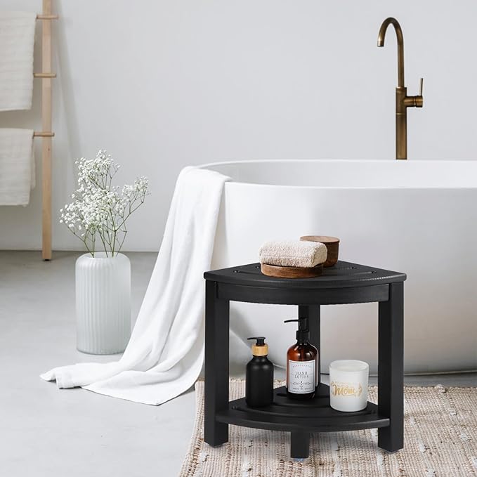 Apolimi HDPE Corner Shower Stool,Shower Bench Seat with Storage Shelf for Shaving Legs Plastic Spa Bath Step Foot Rest for Bathroom Small Place (Black)