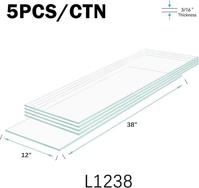 12" x 38" 5-PCS Tempered Glass Shelf, Rectangular Frameless Glass Shelves - 3/16" Thick, Suitable for Bookshelves, Display Cases, Retail Fixtures and Tabletops