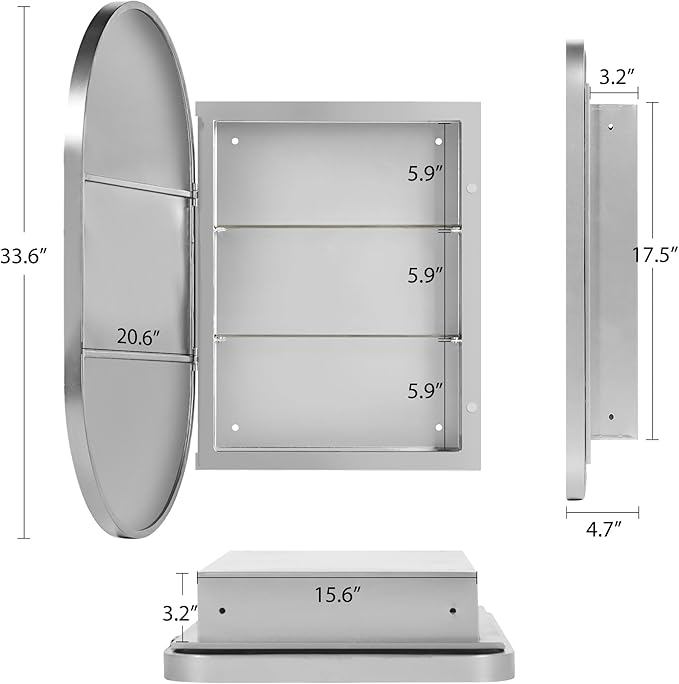 SogesHome Medicine Cabinet with 24x36 Oval Mirror, Wall Mount Bathroom Vanity with Storage, 2 Shelves, Perfect for Bathroom, Silver