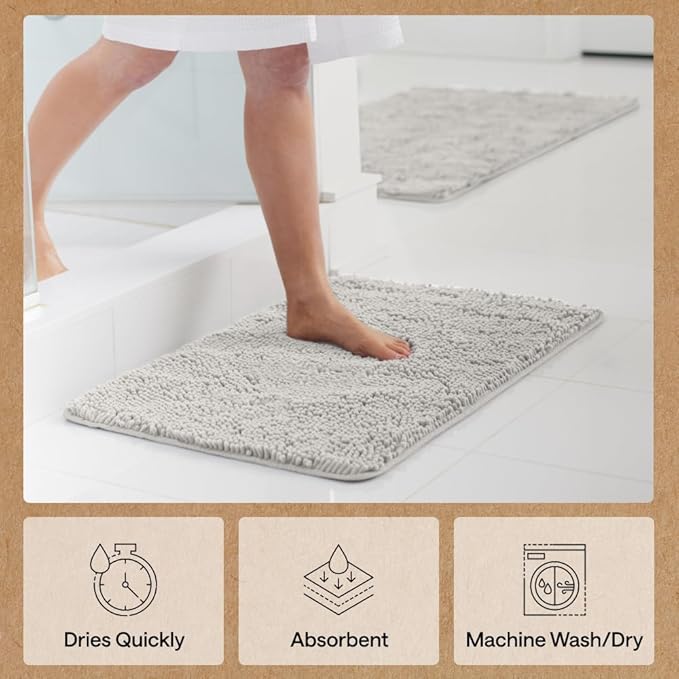 GORILLA GRIP Bath Rug Mat 44x26, Soft Absorbent Chenille, Quick Dry Microfiber Mats, Rubber Backing Washable Shower Floor Rugs, Bathmat Runner, US Designed Bathroom Home Decor Accessories Light Gray