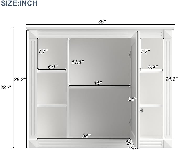 Merax Medicine Cabinet with Mirror, Wall Mount Bathroom Cabinet 35" x 28" Over Toilet Storage Cabinet Organizer with Door and Open Shelves, Mirrored Bathroom Wall Cabinet