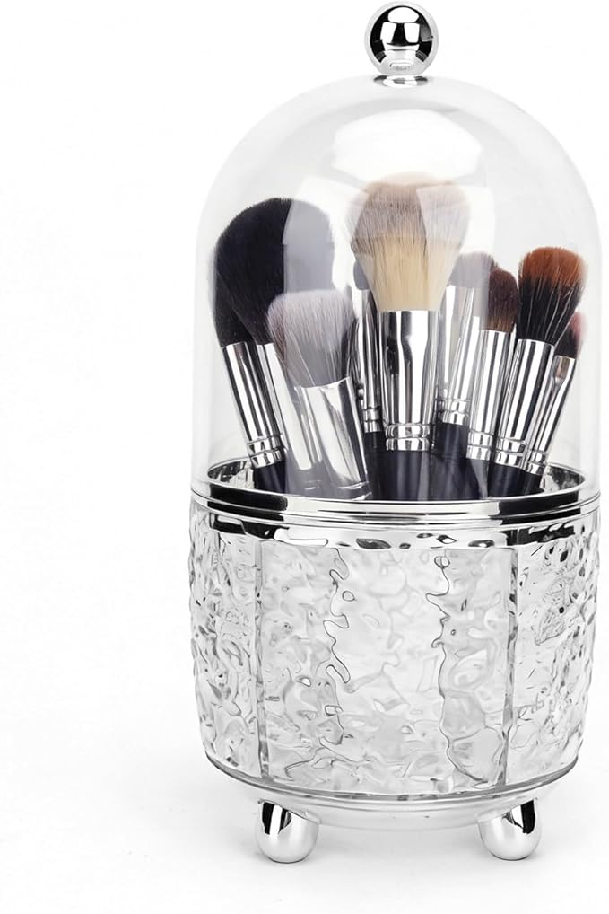 AKAZA 1PCS Rotating Makeup Brush Holder with Lid, rotating makeup organizer for vanity, 360?? Spinning Covered Brushes Storage with Anti-slip Pads for Vanity, Bathroom Countertop (Clear)