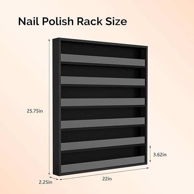OmySalon Nail Polish Organizer Wall Mount - Holds 120+ Bottles with Acrylic Barrier, Salon Display Rack for Home Spa & Nail Studio - Assembly Required, Wooden Polish Storage (Black, 6-Tier)