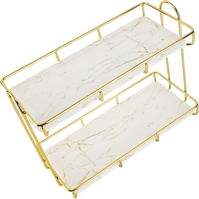 Gold Bathroom Shelf Elegant Gold & White 2 Tier Bathroom Storage Rack - Makeup Shelf with Humanized Design - Anti-Slip Counter Organizer - Sturdy Iron Construction for (Small Size)
