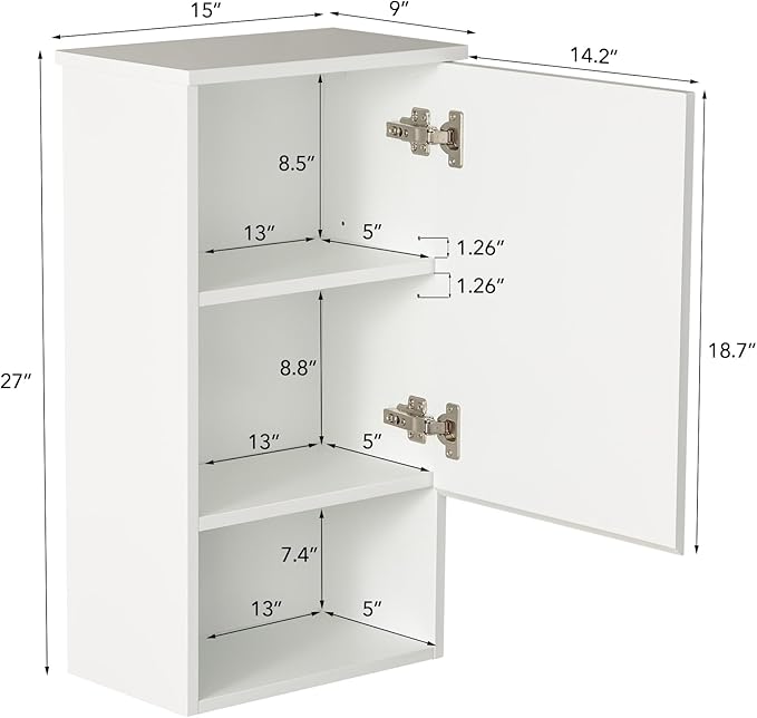 VANIRROR Bathroom Wall Cabinet with Single Door, Soft-Close Hinges, 15x27 inch Wooden Medicine Cabinet for Small Kitchen, Laundry, Entryway, Durable MDF Construction
