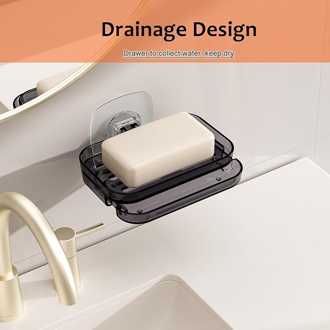 Soap Dish for Shower Transparent Gray Soap Holder with Self-Draining Design No Drilling Required Strong Fixation for RV Bathroom and Kitchen Easy to Clean and Space Saving（2 Pack）