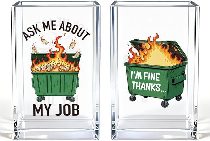 Ask Me About My Job I'm Fine Thanks Acrylic Pencil Pen Holder Cup Set 2, Funny Pencil Holder Desk Organizer, Dumpster Fire Desk Accessories, Sarcastic Office Gifts for Women Men Teacher Coworker