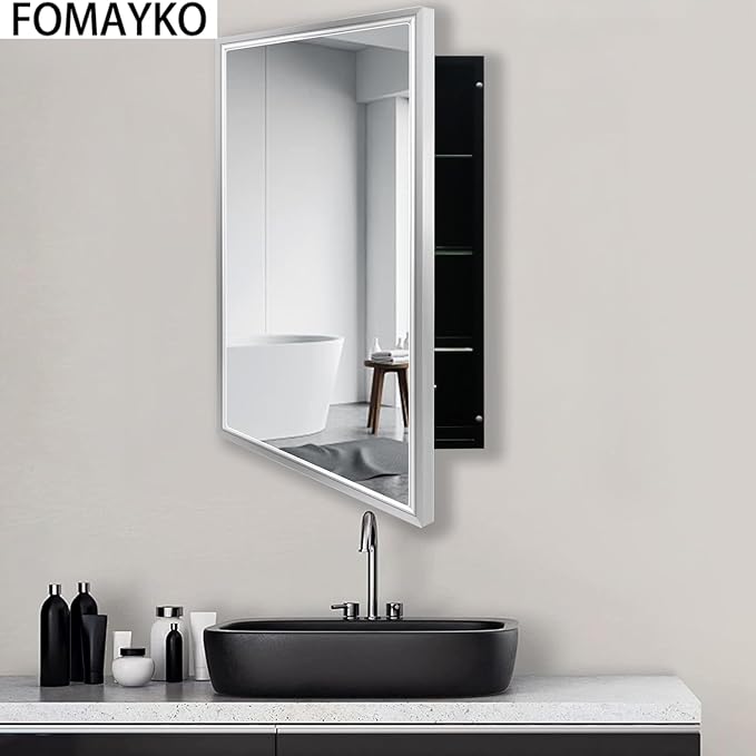 Modern Medicine Cabinet Mirror Storage for Bathroom Bedroom Surface/Recessed Mount with 3 Shelves (16"x26", Brushed Silver)