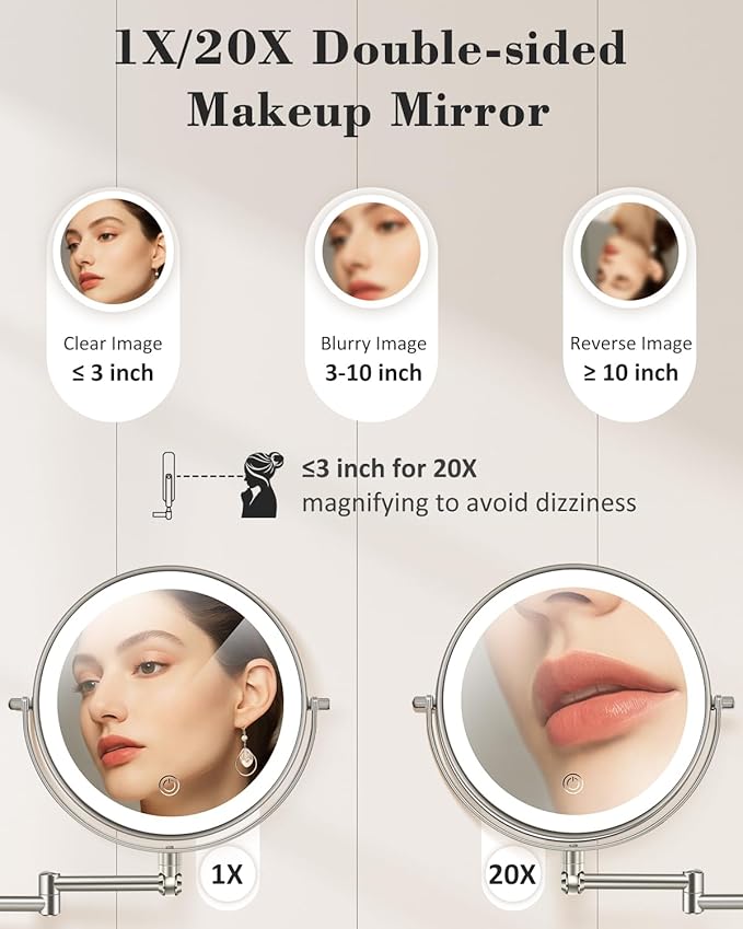vpu 9" Wall Mounted Makeup Mirror with Light, 20X/1X Height Adjustable Double Sided Magnifying Bathroom Lighted Mirror, 3 Color Touch Dimmable Extended Arm 360 Rotation Light up Magnification Mirrors