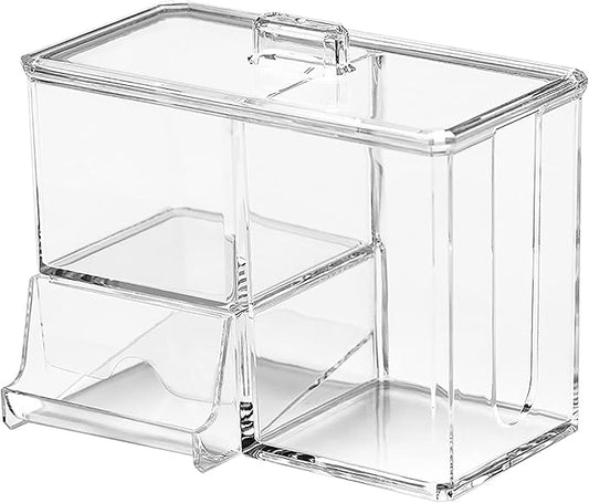 Cotton Buds Organizer - 3-Grid Q-tip Dispenser, Acrylic Crystal Clear Storage Box with Lid, Cosmetic Canister Case
