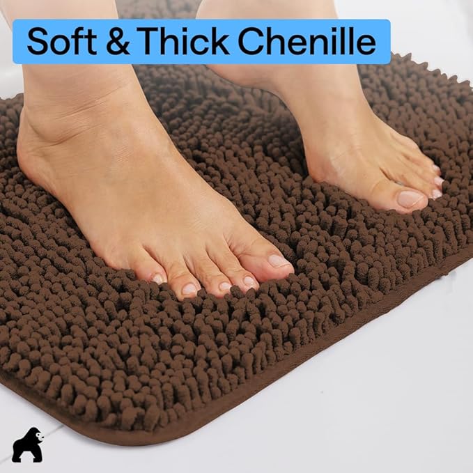 GORILLA GRIP Bath Rug Mat 30x20, Thick Soft Absorbent Chenille, Quick Dry Microfiber Mats, Rubber Backing Washable Shower Floor Rugs, US Designed Bathroom Bathmat Home Decor Accessories, Brown