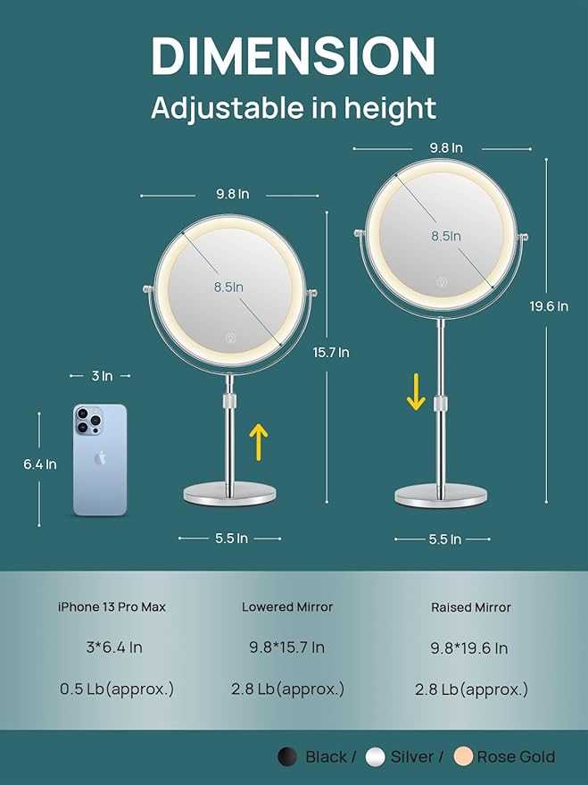 OMIRO 8.5 Inches Lighted Mirror with 3X/10X Magnifications, Double Sided Swivel Vanity Makeup Mirror with Height-Adjustable Stand (Silver)