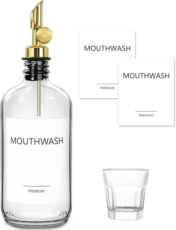 Mouthwash Dispenser for Bathroom, Glass Mouthwash Dispenser with Cup, Mouth Wash Container Bottle with Cup, Refillable Mouthwash Decanter, Clear, 1 Pack, 17oz