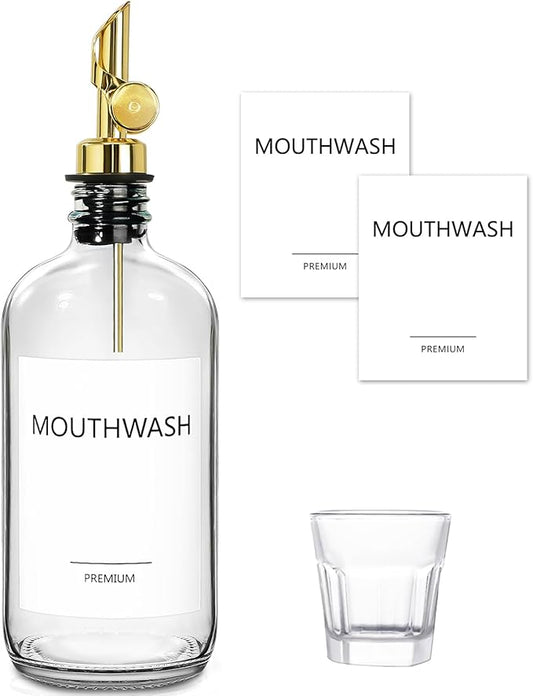 Mouthwash Dispenser for Bathroom, Glass Mouthwash Dispenser with Cup, Mouth Wash Container Bottle with Cup, Refillable Mouthwash Decanter, Clear, 1 Pack, 17oz