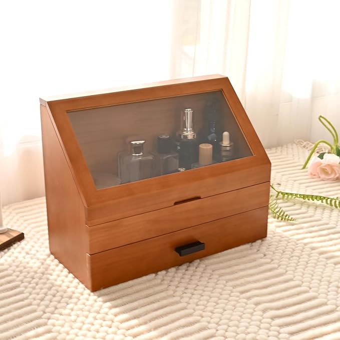 DECOR4SEASON Cologne Organizer for Men, Pine Wood Bathroom Vanity Organizer Countertop, Desk Organizers with Drawer, 2 Tier Perfume Stand Holder, Men Jewelry Box, Ideal Gift for Him Dad Boyfriend