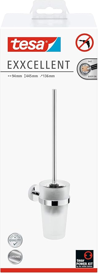 tesa EXXCELLENT Toilet Brush Holder - Wall-Mounted, Stainless-Steel Toilet Brush with Bowl in Frosted-Glass Design - Waterproof, incl. Power.Kit Adhesive Solution - 445mm x 94mm x 136mm