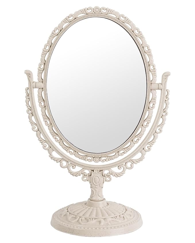 XPXKJ Vintage Vanity Mirror Shabby Chic Decor | 360° Rotating Double-Sided Table Makeup Mirror with Stand Bedroom Decoration Perfect for Tabletop, Desk, or Makeup Station