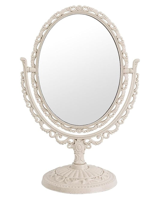 XPXKJ Vintage Vanity Mirror Shabby Chic Decor | 360° Rotating Double-Sided Table Makeup Mirror with Stand Bedroom Decoration Perfect for Tabletop, Desk, or Makeup Station