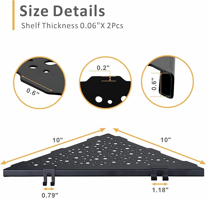 WELLUP Corner Shower Shelf with 4 Hooks,10 Inch 304 Stainless Steel Recessed Bathroom Shelves,No-Drilling Installation for Tiled Wall,Matte Black, 2-Pack