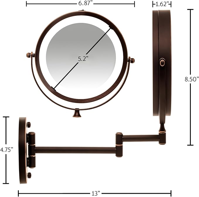 OVENTE Wall Mounted Lighted Makeup Mirror, 7" Double Sided 1X/7X Magnifying Vanity Mirror for Bathroom with LED Lights, Cordless, 360° Rotation and 13" Extendable Arm, Antique Bronze MFW70ABZ1X7X