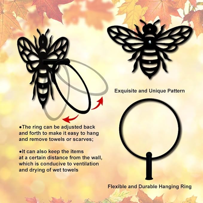 MAYJOYDIY Honey Bee Metal Towel Ring Antique Bumblebee Hand Towel Holder Round Cute Insects Towel Hangers Black Bathroom Towel Rack Wall Mounted for Kitchen Bath Home Laundry Room Decors Gifts