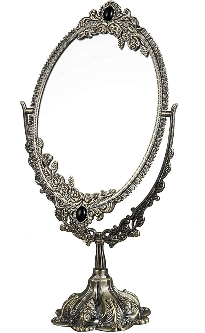 Guppy Small Metal Vintage Makeup Mirror, Floral Tabletop Oval Cosmetic Mirror, Vintage Swivel Double Sided Cosmetic Mirror, with Embossed Frame Base, Retro Mirror for Dressing Bedroom-Antique Bronze